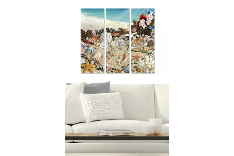 Trælærredstryk 3-delt 50x70 cm - Strandmotiv med skaller og blomster, Blå / Beige / Lyserød