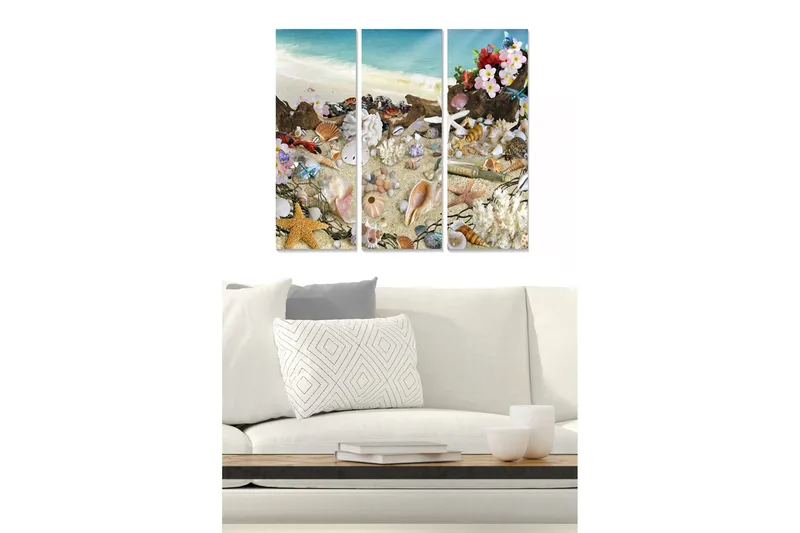 Trælærredstryk 3-delt 50x70 cm - Strandmotiv med skaller og blomster, Blå / Beige / Lyserød