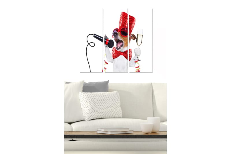 Trælærredstryk 3-delt 50x70 cm - Syngende hund i festligt antræk med mikrofon og champagneglas, Rød / Hvid / Sort