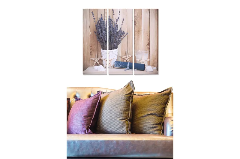 Trælærredstryk 3-delt 50x70 cm - Tørrede lavendelblomster i en kurv med maritime detaljer, Lilla / Beige / Hvid