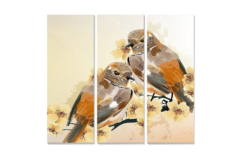 Trælærredstryk 3-delt 50x70 cm - To fugle siddende på en gren med blomster, Orange / Beige / Gul