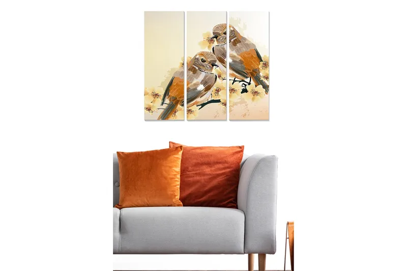 Trælærredstryk 3-delt 50x70 cm - To fugle siddende på en gren med blomster - Orange / Beige / Gul - Boligtilbehør - Billeder & kunst - Billeder på lærred
