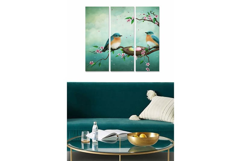 Trælærredstryk 3-delt 50x70 cm - To fugle på en gren med blomster og en fuglerede, Blå / Grøn / Lyserød
