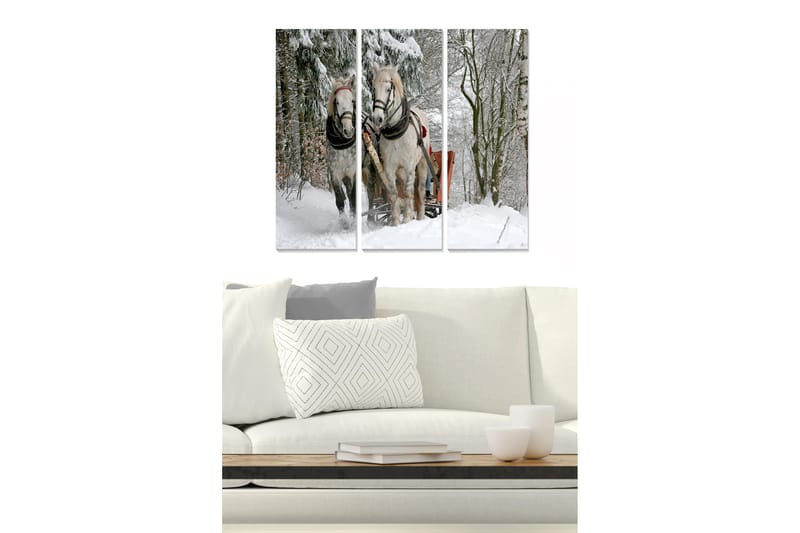 Trælærredstryk 3-delt 50x70 cm - To heste i et snedækket landskab med slæde, Hvid / Grå / Brun