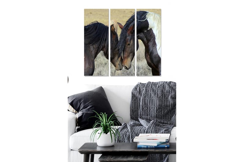 Trælærredstryk 3-delt 50x70 cm - To heste læner blidt hovederne mod hinanden, Mørkebrun / Lysebrun / Hvid