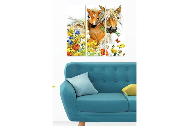 Trælærredstryk 3-delt 50x70 cm - To heste omgivet af farverige blomster og grønt, Gul / Grøn / Blå