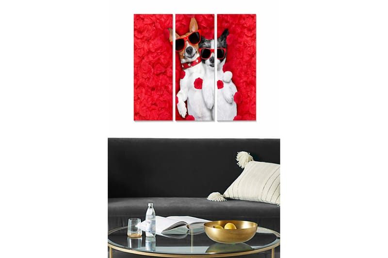Trælærredstryk 3-delt 50x70 cm - To hunde med solbriller omgivet af røde roser, Rød / Hvid