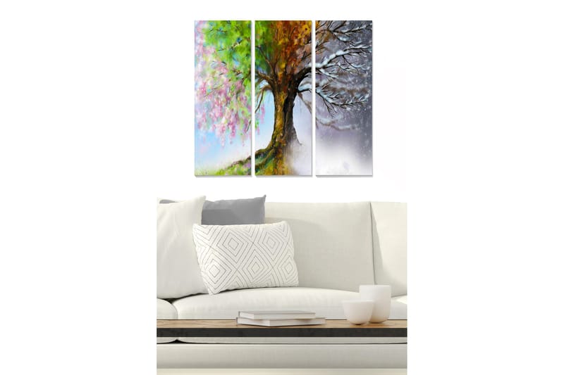Trælærredstryk 3-delt 50x70 cm - Træer i forskellige årstider med blomstrende og bladløse grene, Grøn / Lyserød / Brun