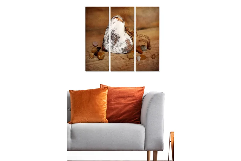 Trælærredstryk 3-delt 50x70 cm - Træhjerte med sten i varme nuancer, Brun / Beige / Orange
