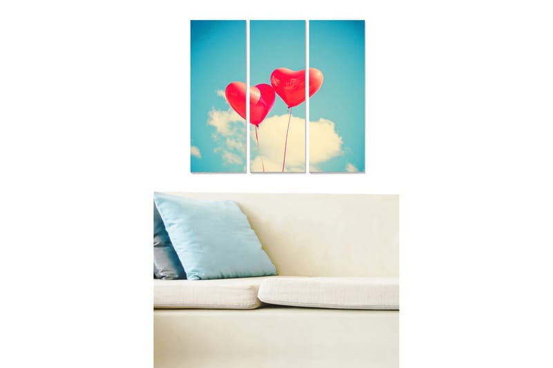 Trælærredstryk 3-delt 50x70 cm - Tre røde hjerteformede balloner mod en klar blå himmel, Rød / Blå