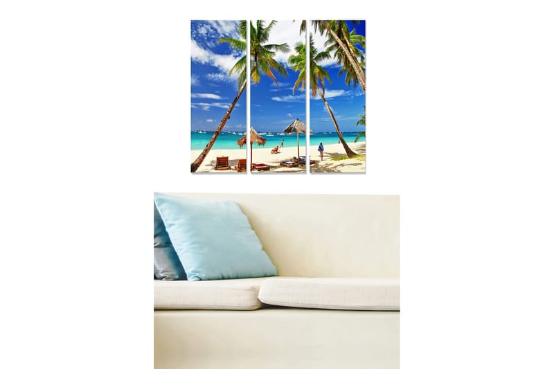 Trælærredstryk 3-delt 50x70 cm - Tropisk strand med palmer og klar blå himmel, Blå / Grøn / Beige