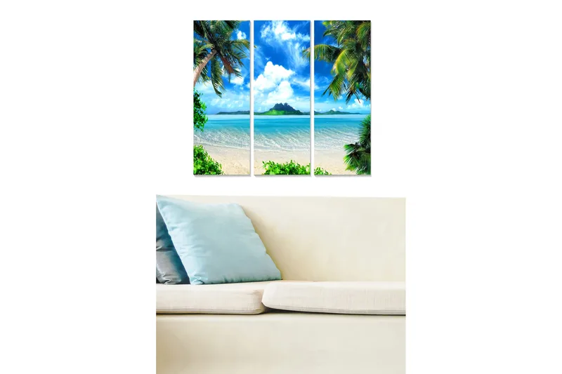 Trælærredstryk 3-delt 50x70 cm - Tropisk strand med palmer og klar blå himmel, Blå / Grøn / Beige