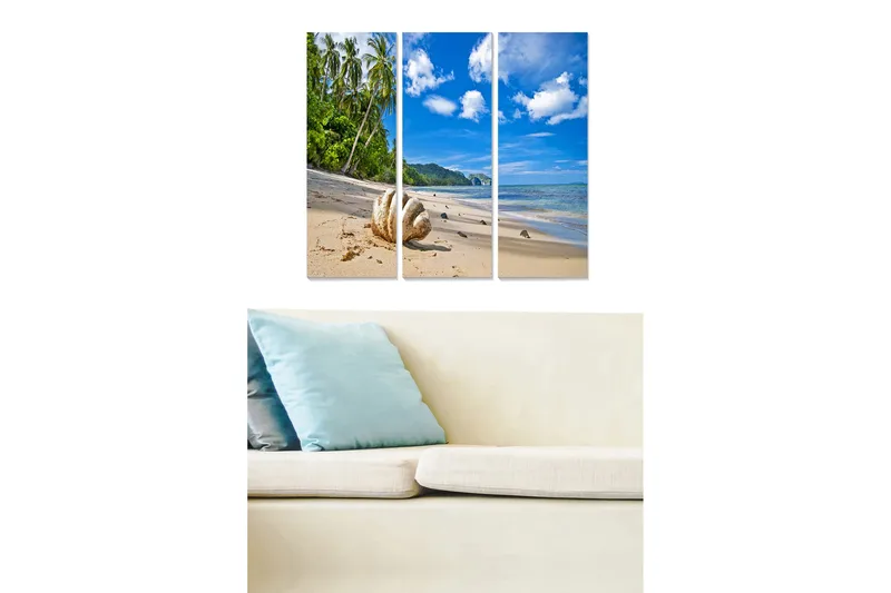 Trælærredstryk 3-delt 50x70 cm - Tropisk strand med palmer og klar blå himmel, Blå / Grøn / Sandbeige