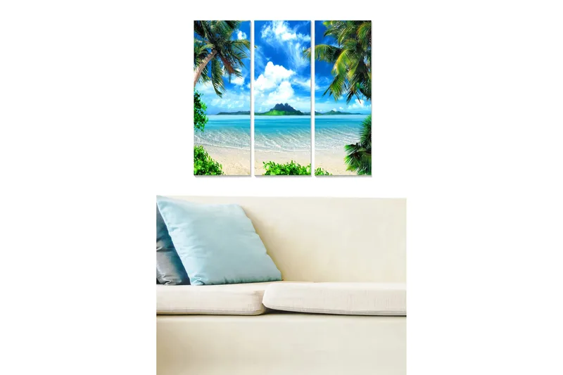 Trælærredstryk 3-delt 50x70 cm - Tropisk strand med palmer og klar blå himmel, Blå / Grøn / Beige