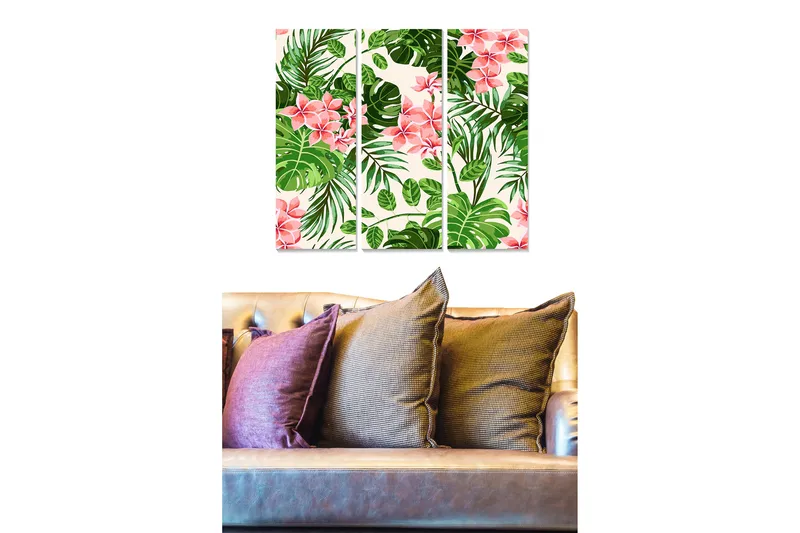 Trælærredstryk 3-delt 50x70 cm - Tropisk plantekomposition med lyserøde blomster og grønne blade, Lyserød / Grøn