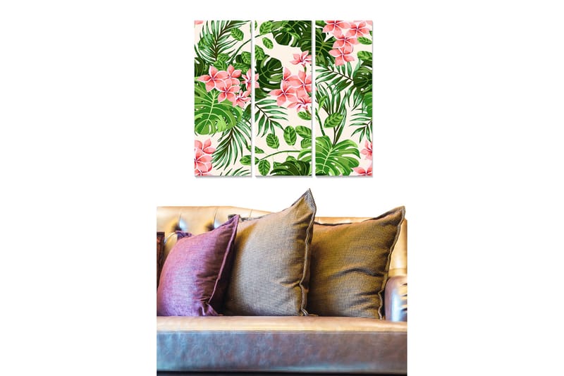 Trælærredstryk 3-delt 50x70 cm - Tropisk plantekomposition med lyserøde blomster og grønne blade, Lyserød / Grøn