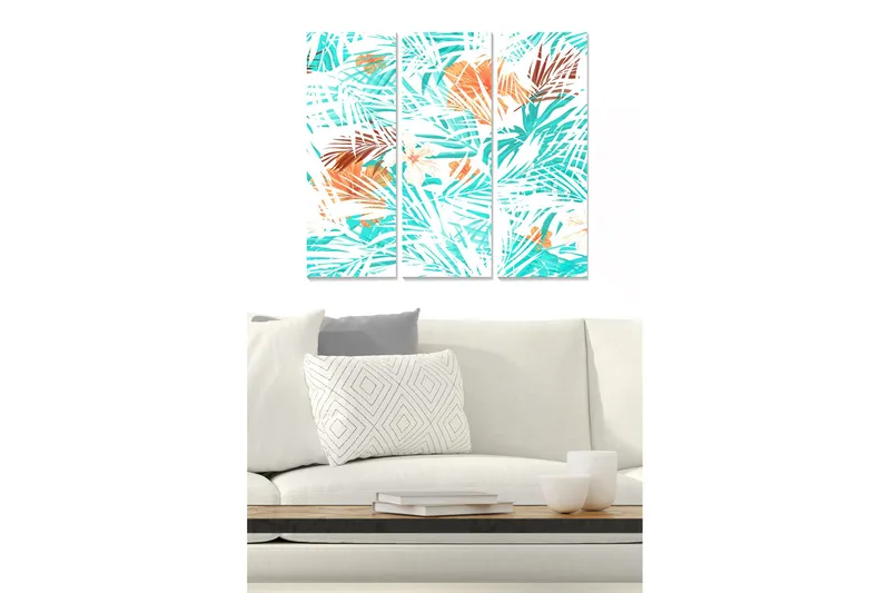 Trælærredstryk 3-delt 50x70 cm - Tropisk palmekomposition med klare farver, Turkis / Orange / Hvid