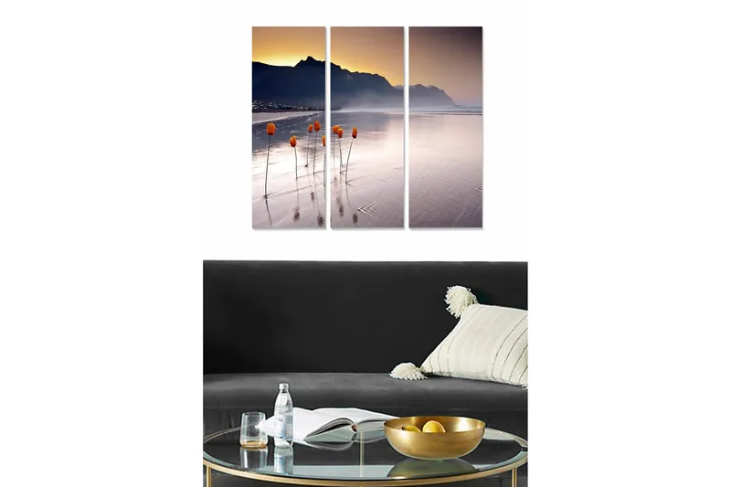 Trælærredstryk 3-delt 50x70 cm - Tulipaner der vokser på en spejlblank strand ved solnedgang, Orange / Lilla / Grå