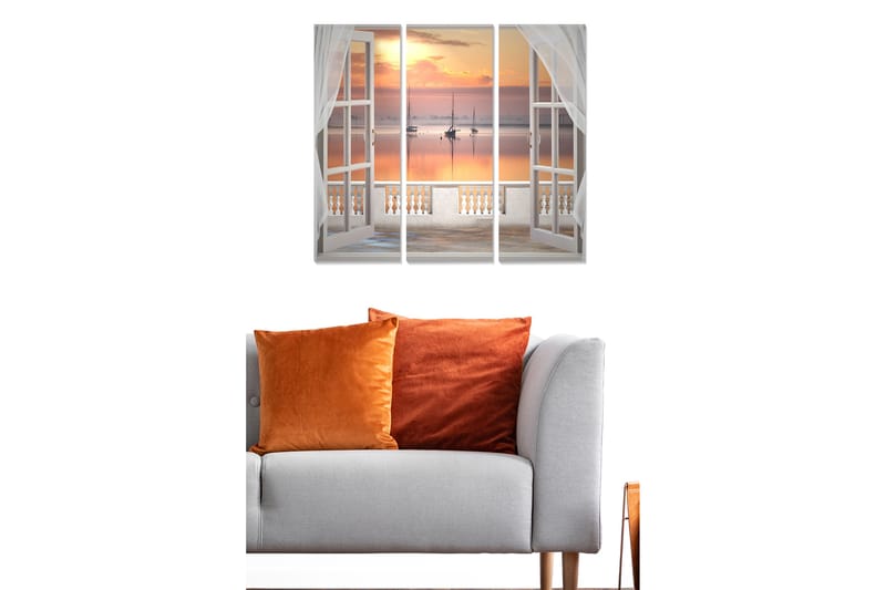 Trælærredstryk 3-delt 50x70 cm - Udsigt gennem et åbent vindue med sejlbåde ved solnedgang, Orange / Lyseblå / Hvid