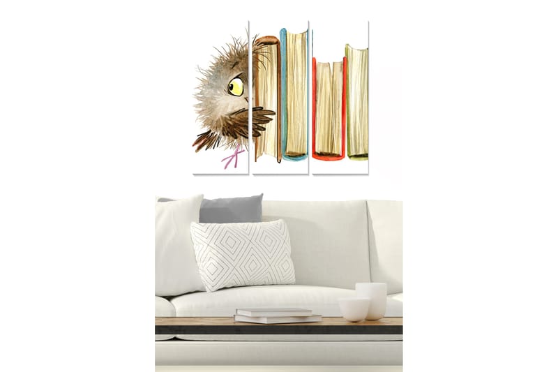 Trælærredstryk 3-delt 50x70 cm - Ugle kigger frem bag bøger - Brun / Gul / Rød - Boligtilbehør - Billeder & kunst - Billeder på lærred