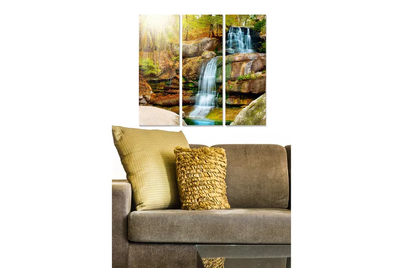 Trælærredstryk 3-delt 50x70 cm - Vandfald omgivet af efterårsfarvet natur, Grøn / Brun / Blå