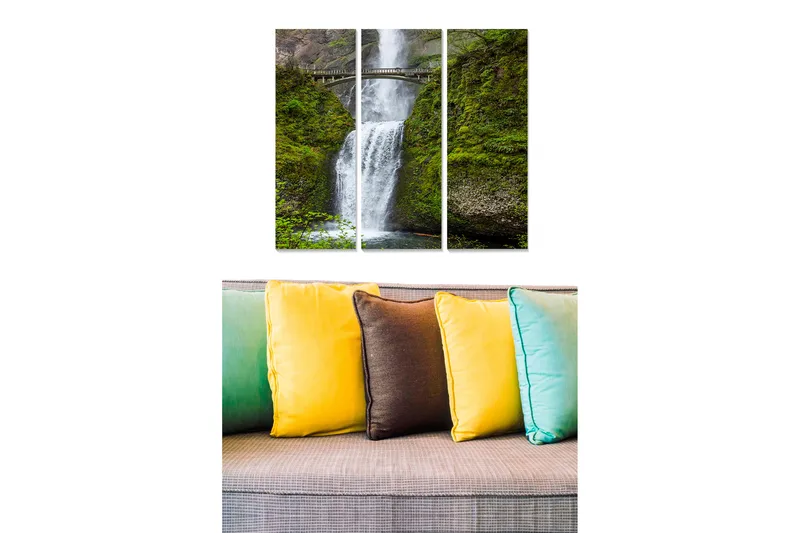 Trælærredstryk 3-delt 50x70 cm - Vandfald omgivet af frodige klipper, Grøn / Hvid / Grå