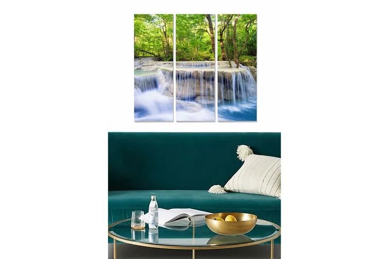 Trælærredstryk 3-delt 50x70 cm - Vandfald omgivet af frodigt grønt, Grøn / Blå / Beige