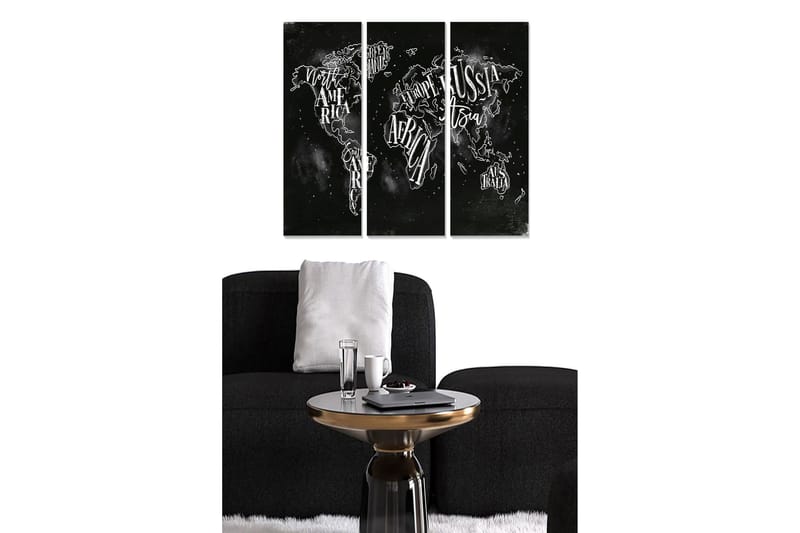 Trælærredstryk 3-delt 50x70 cm - Verdenskort med håndskrevne navne på kontinenter og lande, Sort / Hvid