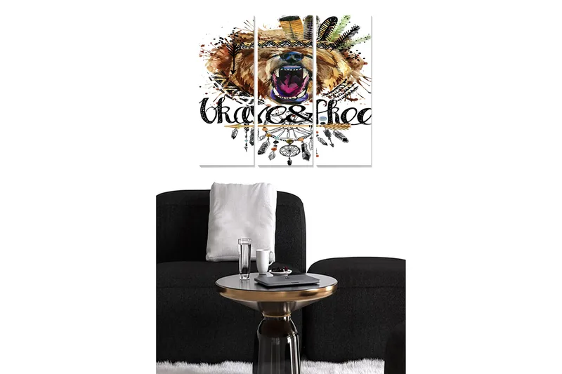 Trælærredstryk 3-delt 50x70 cm - Vildbjørn med farverige fjer og ornamentik, Brun / Sort / Orange