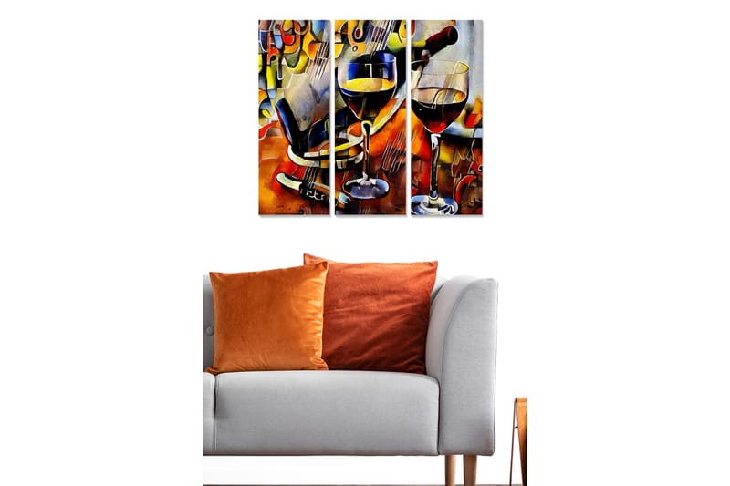 Trælærredstryk 3-delt 50x70 cm - Vinkarefineret stilhed med glas og flasker, Rød / Gul / Brun