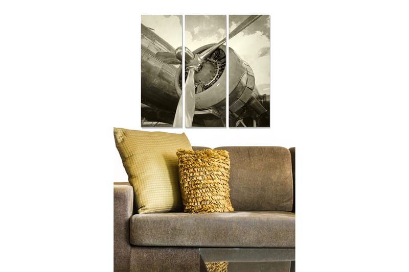 Trælærredstryk 3-delt 50x70 cm - Vintage flymotor i en detaljeret komposition, Grå / Sort / Hvid