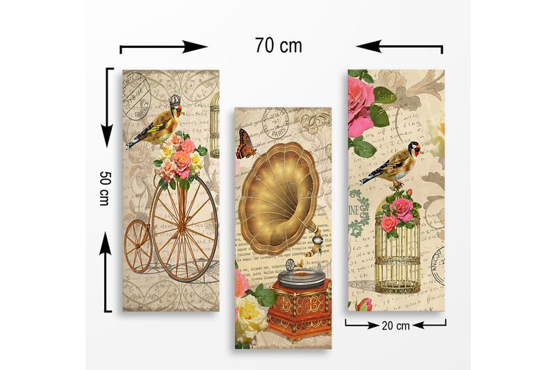 Trælærredstryk 3-delt 50x70 cm - Vintage komposition med fugle, blomster og grammofon - Guld / Pink / Grøn - Boligtilbehør - Billeder & kunst - Billeder på lærred