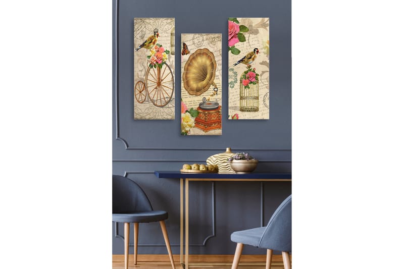 Trælærredstryk 3-delt 50x70 cm - Vintage komposition med fugle, blomster og grammofon, Guld / Pink / Grøn