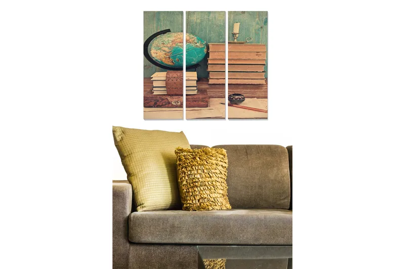 Trælærredstryk 3-delt 50x70 cm - Vintage skrivebord med bøger og en globus, Grøn / Brun / Beige