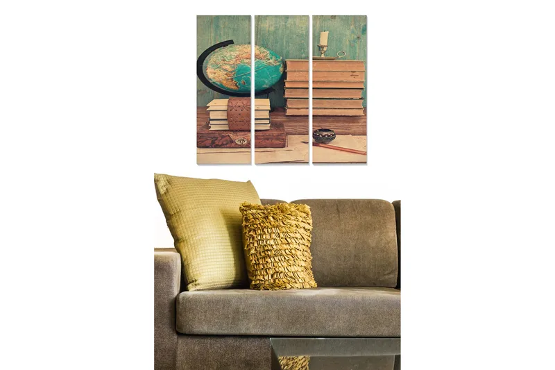 Trælærredstryk 3-delt 50x70 cm - Vintage skrivebord med bøger og en globus, Grøn / Brun / Beige