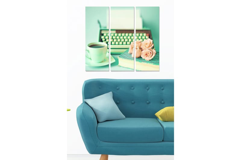 Trælærredstryk 3-delt 50x70 cm - Vintage skrivemaskine med kaffe og roser, Mintgrøn / Lys pink / Mørkegrøn