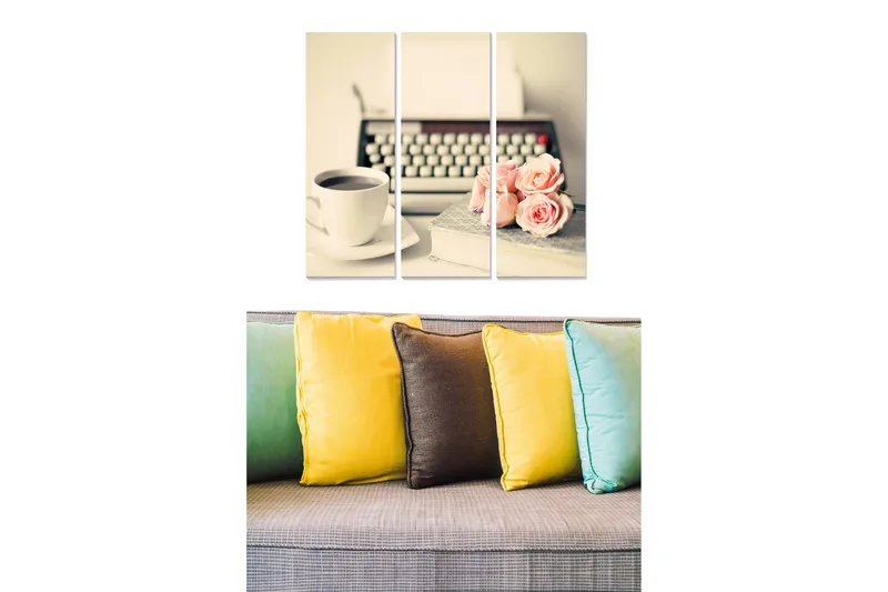 Trælærredstryk 3-delt 50x70 cm - Vintage skrivemaskine med kaffekop og roser, Lyserød / Hvid / Grå