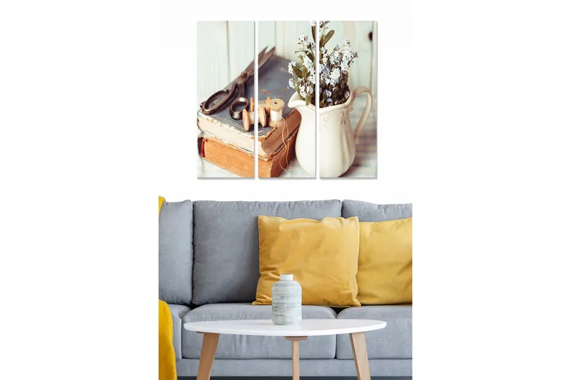 Trælærredstryk 3-delt 50x70 cm - Vintage stilleben med bøger og blomster i en kande, Beige / Brun / Grøn