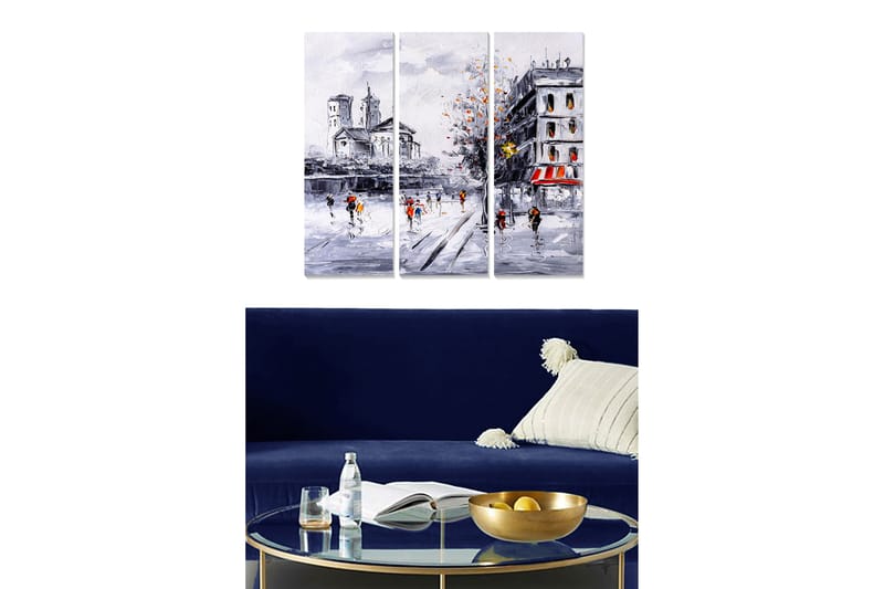 Trælærredstryk 3-delt 50x70 cm - Vinterlandskab med skøjteløbere på en frossen sø, Grå / Hvid / Orange