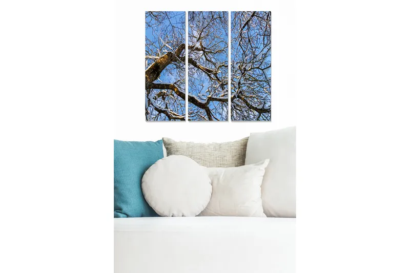 Trælærredstryk 3-delt 50x70 cm - Vinterlandskab med snedækkede trægrene mod en klar blå himmel, Blå / Hvid / Brun