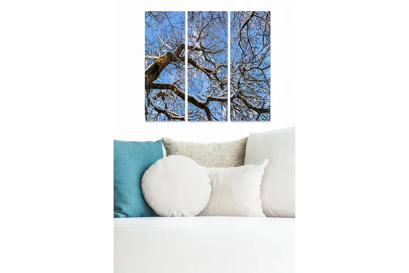 Trælærredstryk 3-delt 50x70 cm - Vinterlandskab med snedækkede trægrene mod en klar blå himmel, Blå / Hvid / Brun
