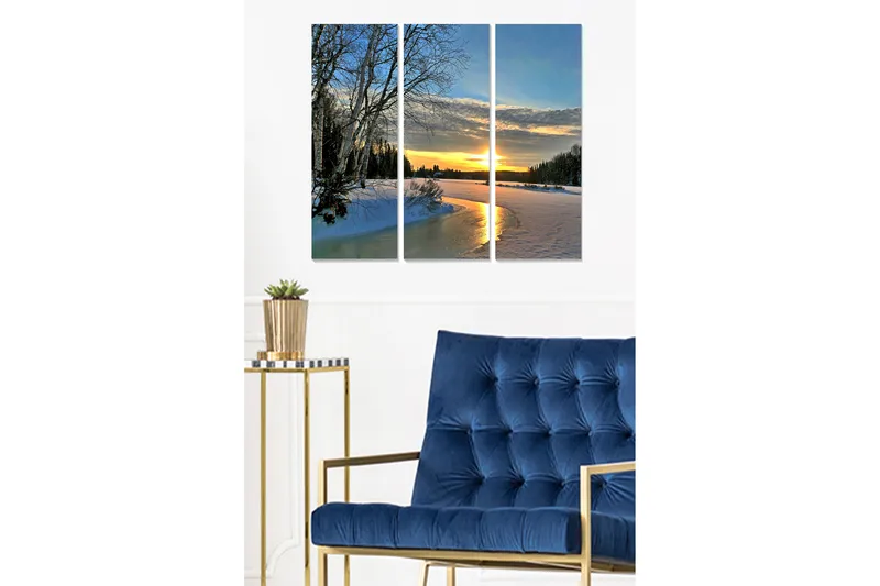 Trælærredstryk 3-delt 50x70 cm - Vinterlandskab med solnedgang over en frossen flod, Blå / Hvid / Guld