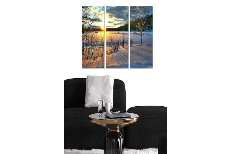 Trælærredstryk 3-delt 50x70 cm - Vinterlandskab med solnedgang over snedækkede marker, Blå / Hvid / Orange