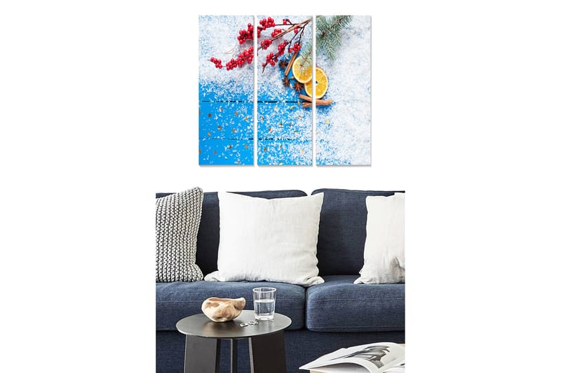 Trælærredstryk 3-delt 50x70 cm - Vinterstilhed med bær, appelsinskiver og kanelstænger, Blå / Rød / Hvid