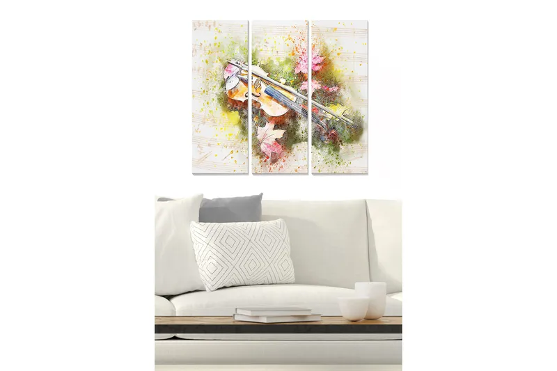 Trælærredstryk 3-delt 50x70 cm - Violin omgivet af farverige efterårsblade, Grøn / Lyserød / Gul