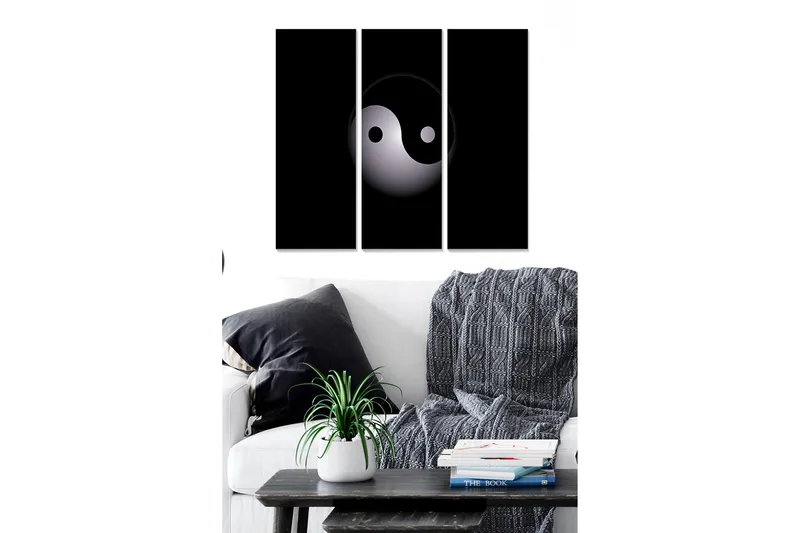 Trælærredstryk 3-delt 50x70 cm - Yin og Yang symbol i minimalistisk stil, Sort / Hvid / Grå
