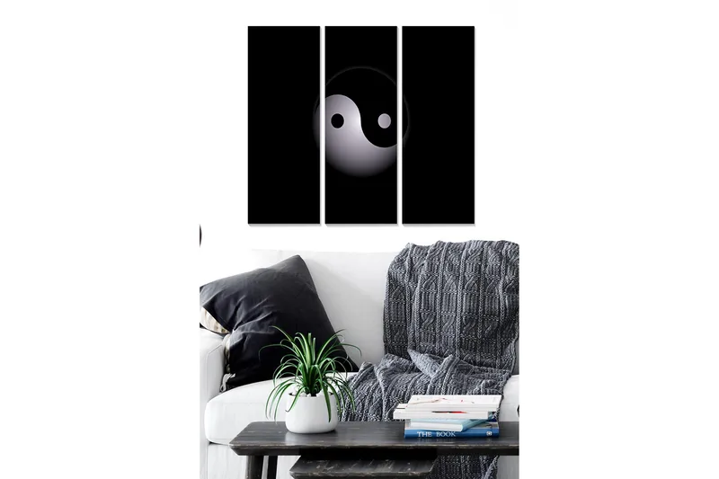 Trælærredstryk 3-delt 50x70 cm - Yin og Yang symbol i minimalistisk stil, Sort / Hvid / Grå