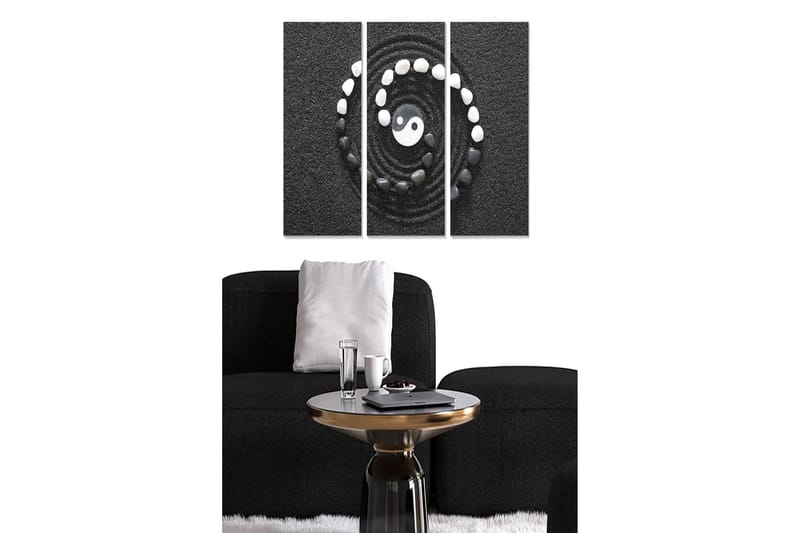 Trælærredstryk 3-delt 50x70 cm - Yin og Yang symbol i spiralform med sten på sort baggrund, Sort / Hvid / Grå