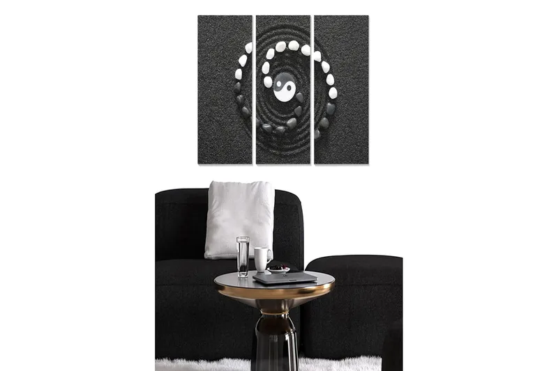 Trælærredstryk 3-delt 50x70 cm - Yin og Yang symbol i spiralform med sten på sort baggrund, Sort / Hvid / Grå