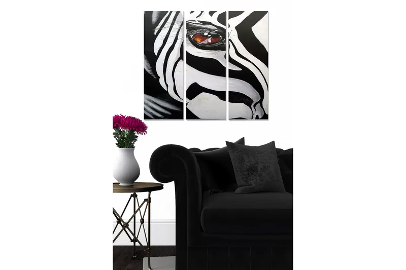 Trælærredstryk 3-delt 50x70 cm - Zebra med fremtrædende øje, Sort / Hvid / Brun